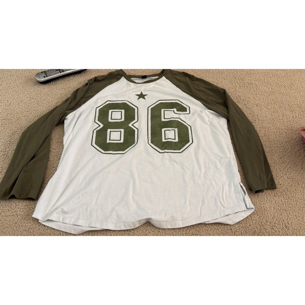 SHEIN Women’s 86 Raglan Baseball Tee White Olive Green Long Sleeve Plus Size 2XL